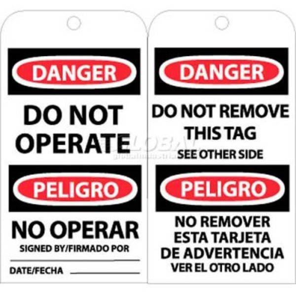 National Marker Co NMC Tags, Bilingual Lock Out Tag, 6in X 3in, White/Red/Black, 25/Pk RPT90